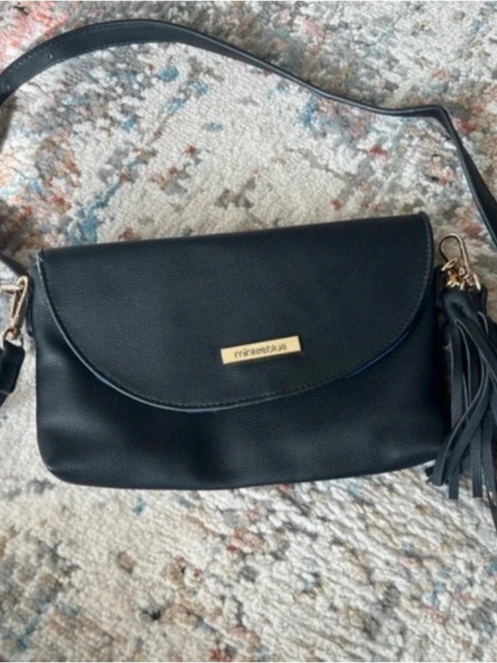 Mini Embossed Plaque Black Crossbody Bag with Tassel